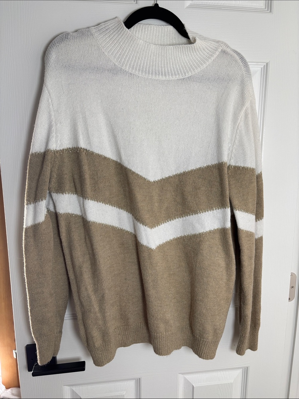 Neutral Chevron Cowl Sweater in White and Taupe